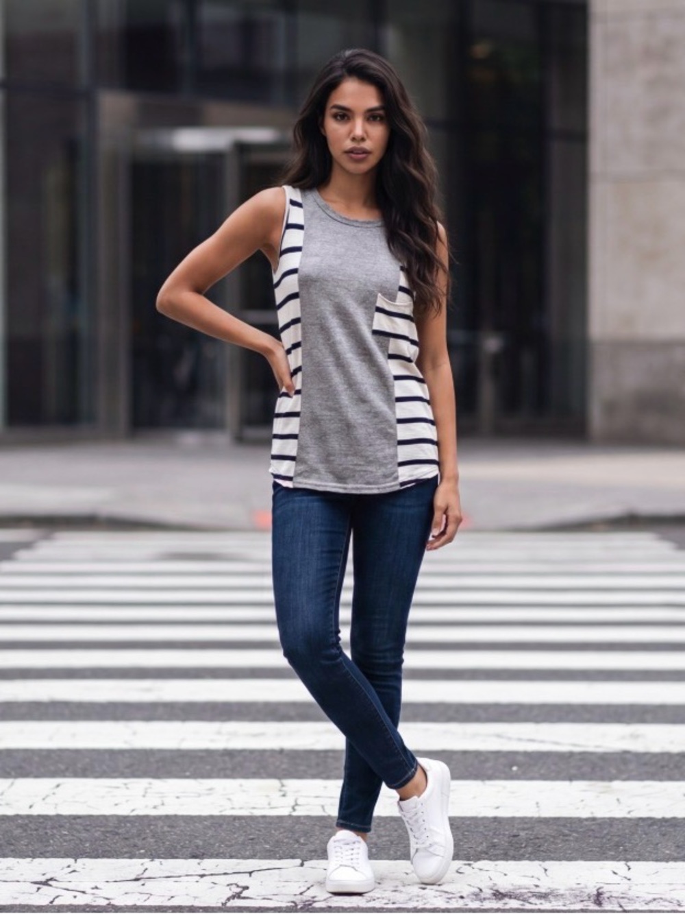 Stateside Gray Tank Top with White & Navy Striped Sides and pocket